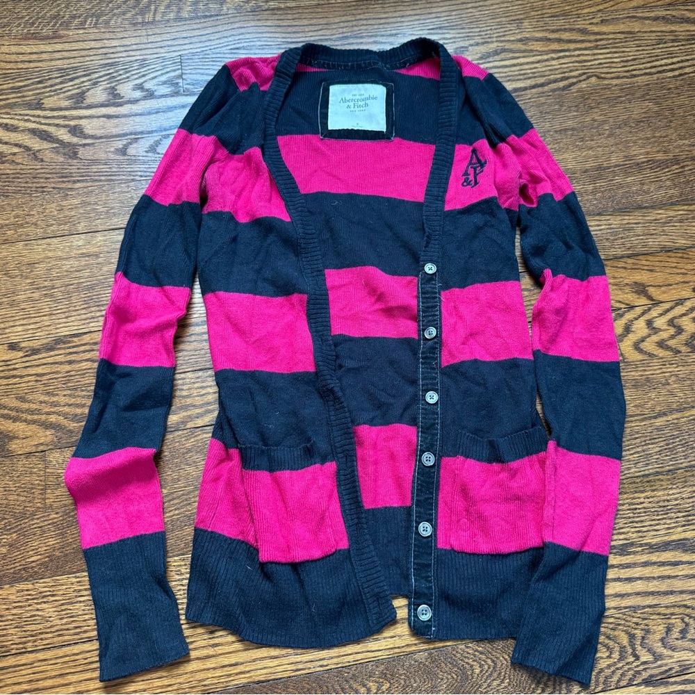 Abercrombie & Fitch Y2K Pink Navy Striped Button Front Pocket Cardigan Small